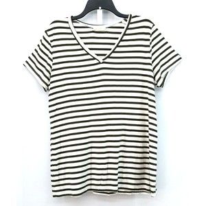 August Blue Shirt Womens Medium Black Striped Short Sleeve V-Neck Blouse